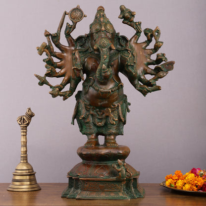 Vintage Brass Standing Ganesha Statue with Sixteen Arms - 19"