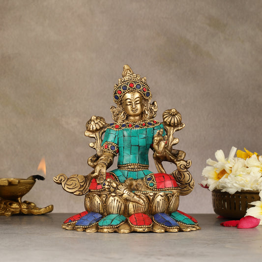 Pure Brass Goddess Green Tara Idol with Nepalese Stonework – 6 Inches