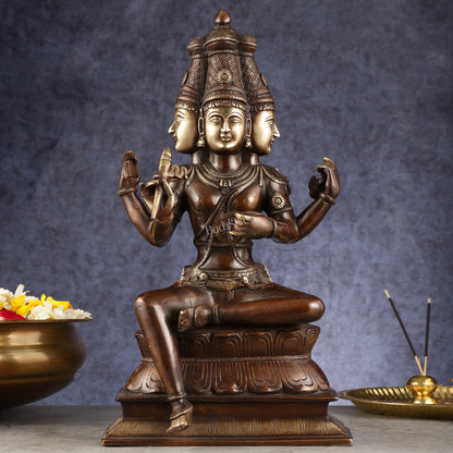 Pure Brass Seated Lord Brahma Sculpture - 16 inch antique Chola