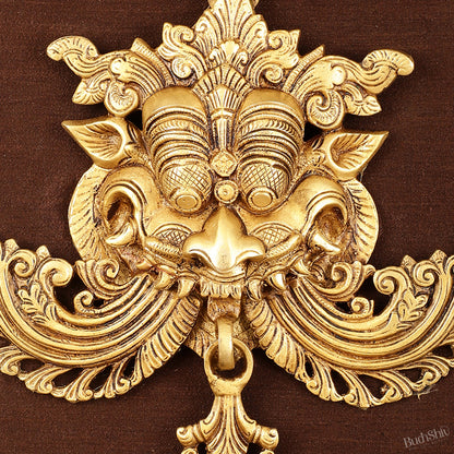 Pure Brass Kirtimukha Yali Face Wall Hanging on Wooden Frame with Premium Fabric - 18" x 20"