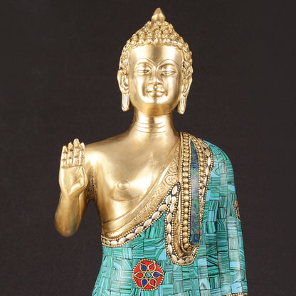 Brass Standing Buddha Statue with stonework | 21.5"