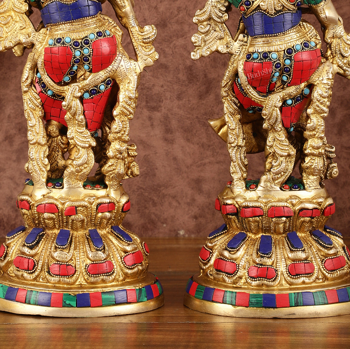 Intricately Crafted Brass Radha Krishna Idols with Stonework - 15"