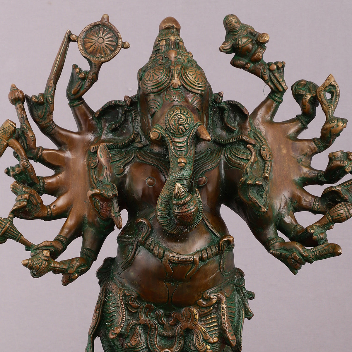 Vintage Brass Standing Ganesha Statue with Sixteen Arms - 19"