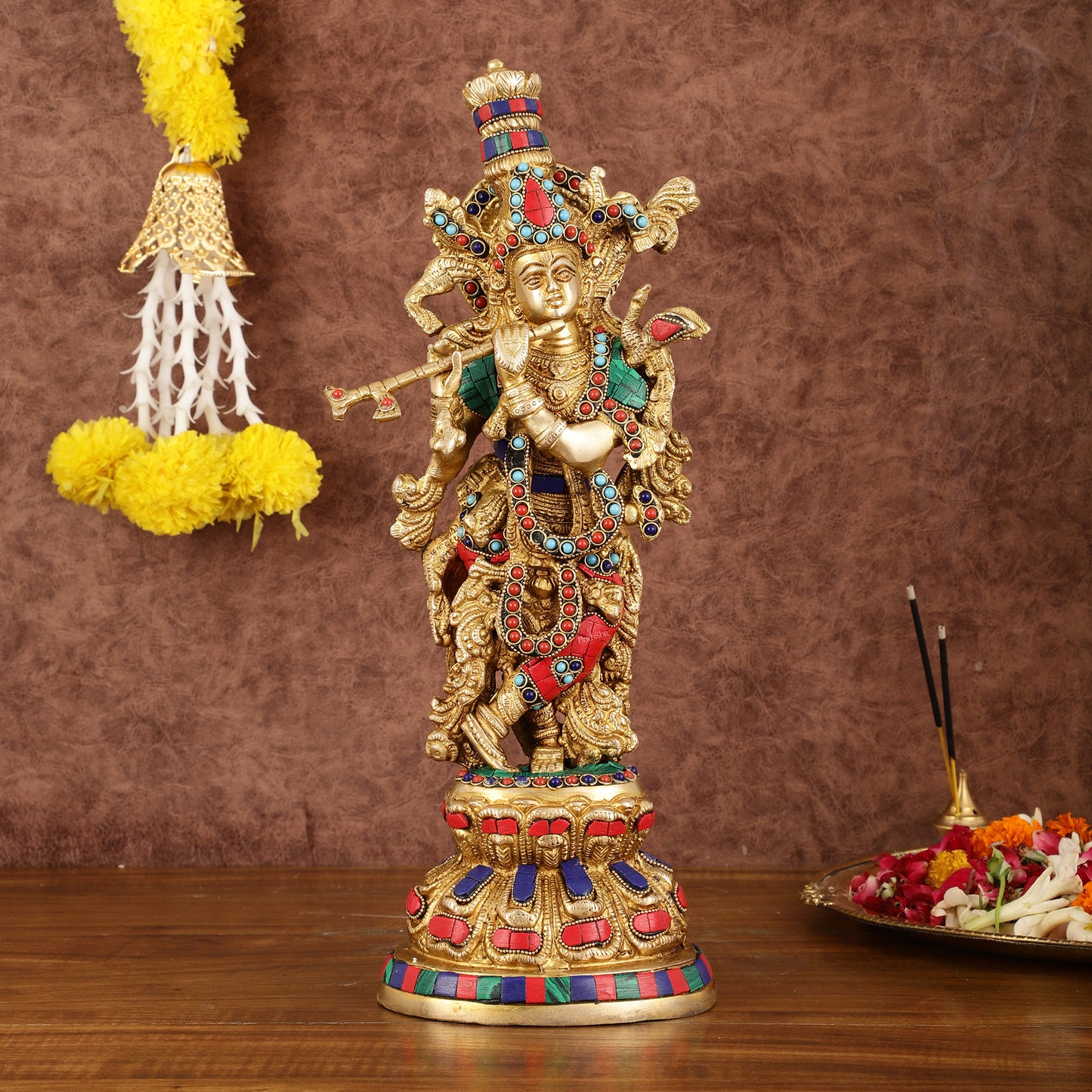 Intricately Crafted Brass Krishna Idol with Stonework - 15"