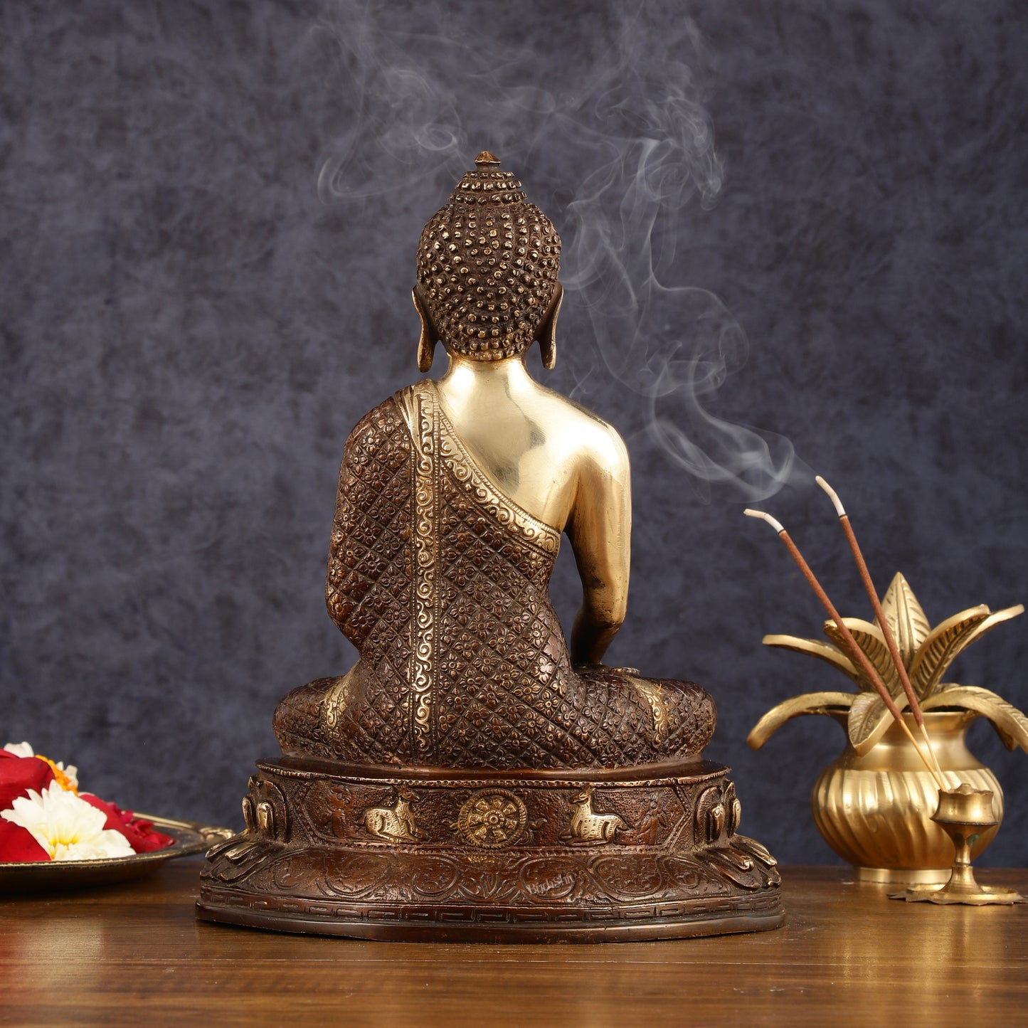 Pure Brass Engraved Buddha Statue in Bhumi Nirvana Mudra - 10.5" Height