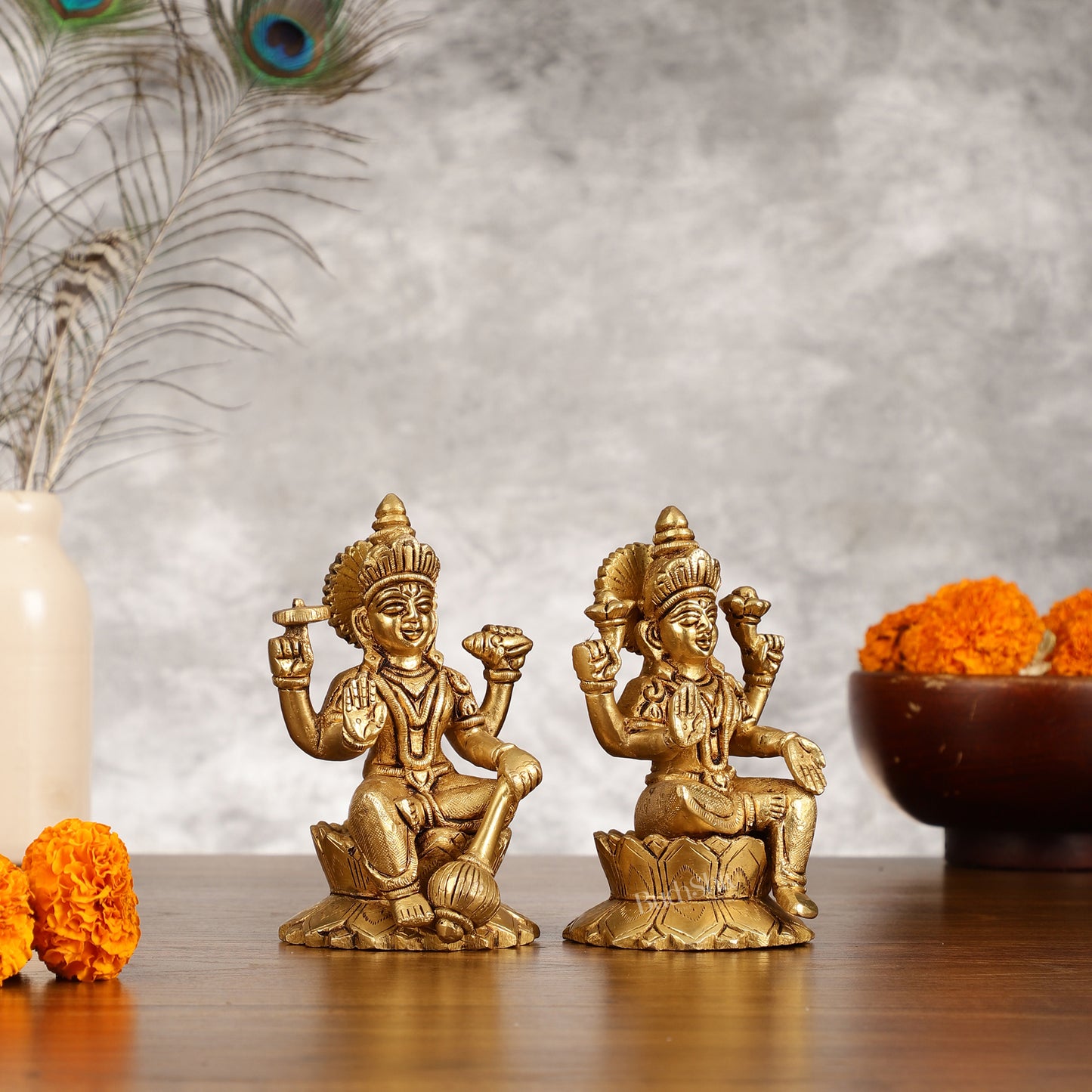Brass Vishnu Lakshmi Seated on Lotus Base Idol - 5.5"