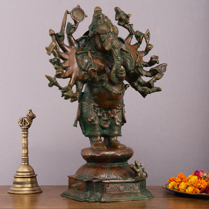 Vintage Brass Standing Ganesha Statue with Sixteen Arms - 19"