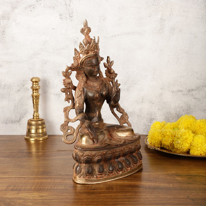 Pure Fine Brass White Tara Statue - 14" Tall - Antique Sand Patina