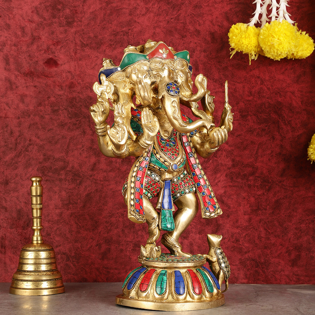 Brass Dancing Panchmukhi Ganesha Statue - 15 Inch with stonework