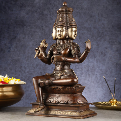 Pure Brass Seated Lord Brahma Sculpture - 16 inch antique Chola