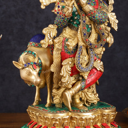 Handcrafted Brass Lord Krishna with Cow Statue - 17 Inch