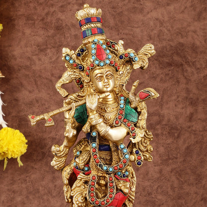 Intricately Crafted Brass Krishna Idol with Stonework - 15"