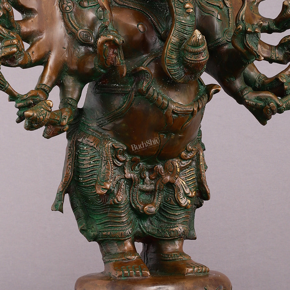 Vintage Brass Standing Ganesha Statue with Sixteen Arms - 19"