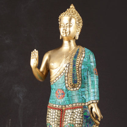 Brass Standing Buddha Statue with stonework | 21.5"