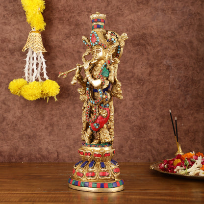 Intricately Crafted Brass Krishna Idol with Stonework - 15"