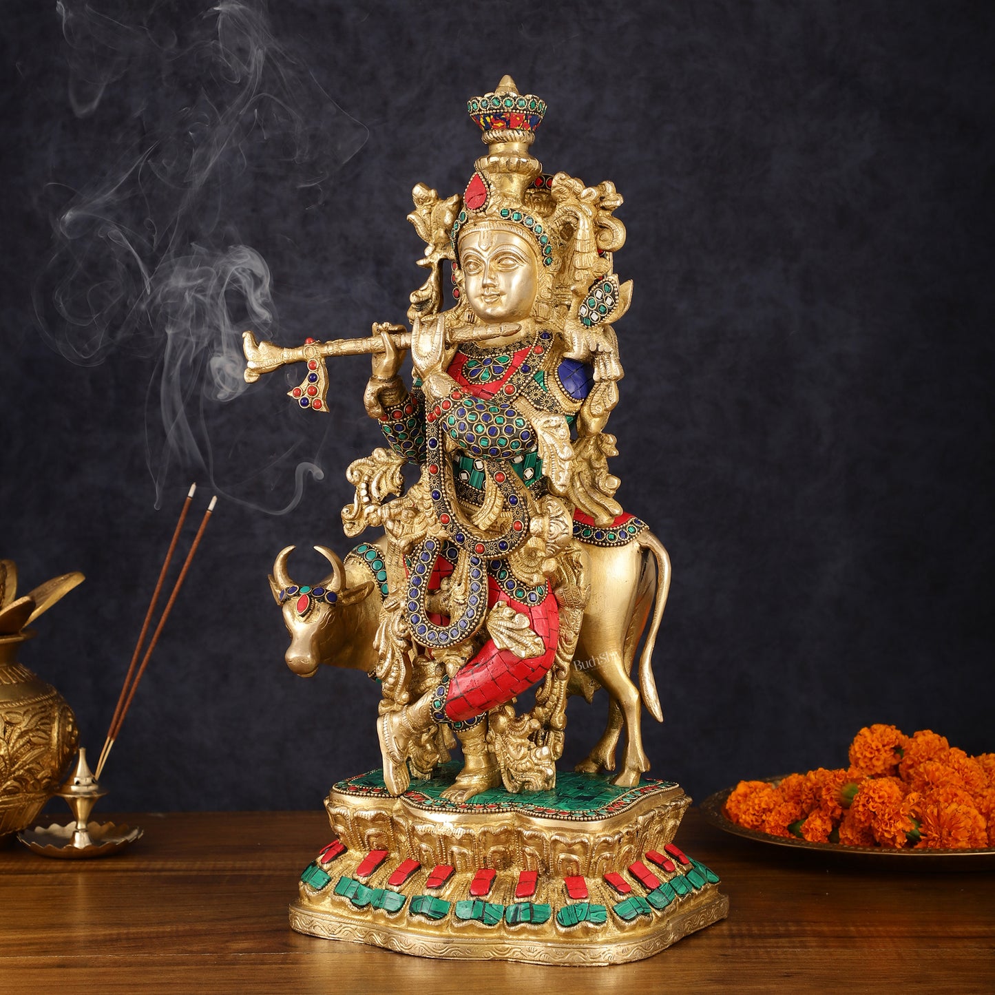 Handcrafted Brass Lord Krishna with Cow Statue - 17 Inch