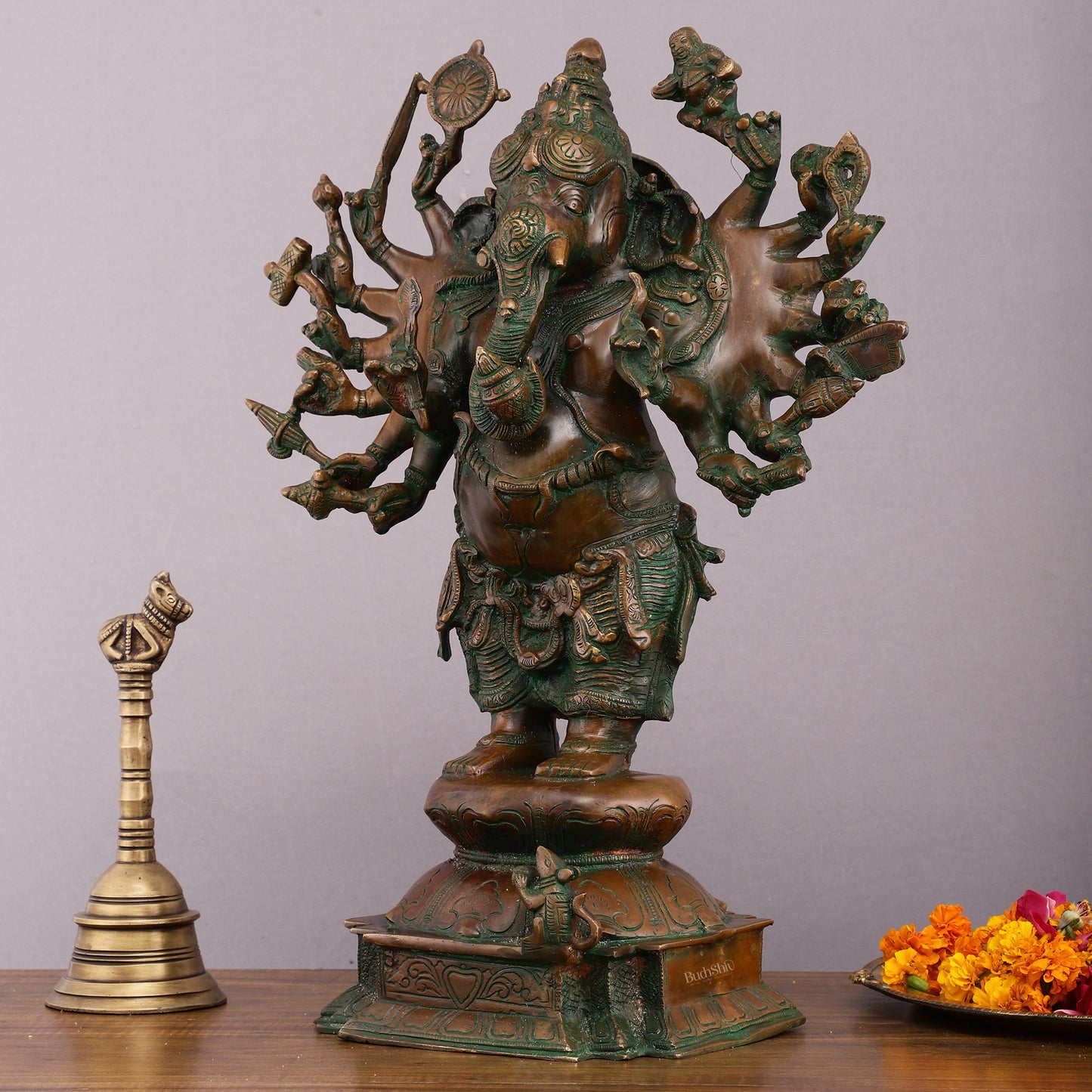 Vintage Brass Standing Ganesha Statue with Sixteen Arms - 19"