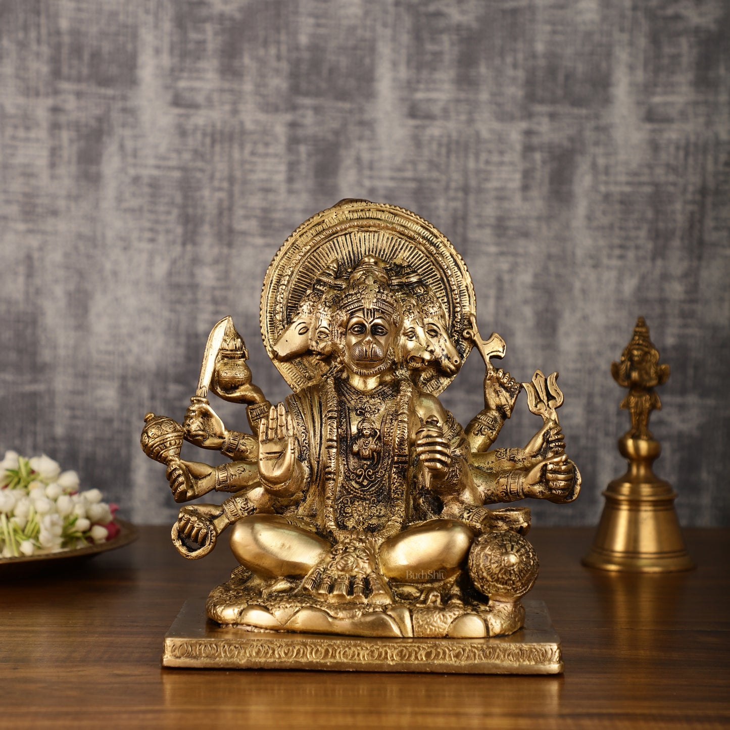 Pure Brass Superfine Panchmukhi Hanuman Blessing Statue - 10 inch antique finish