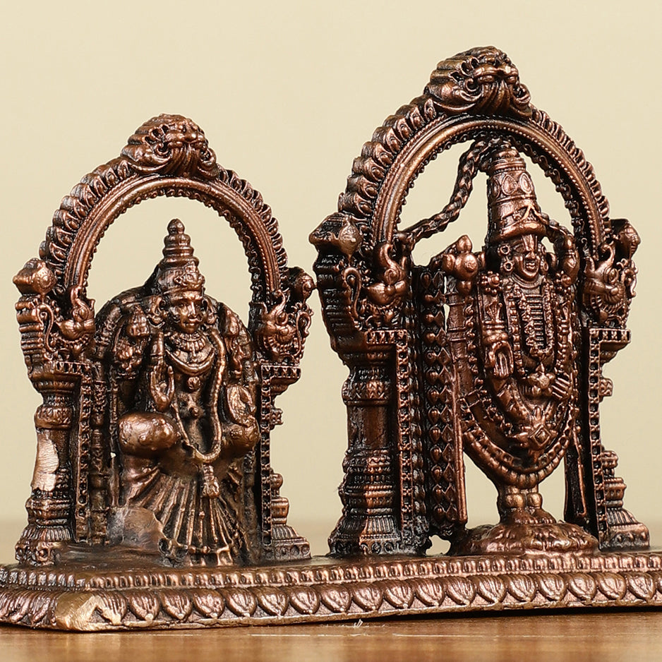 Pure Copper Perumal Thayar Tirupati Balaji with Padmavati - Divine Statue 3.5"