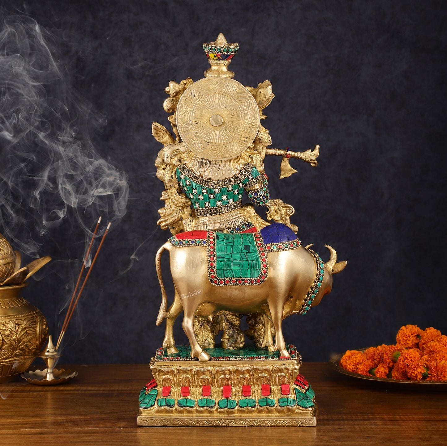 Handcrafted Brass Lord Krishna with Cow Statue - 17 Inch