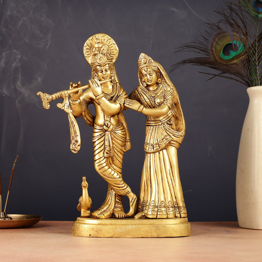 Pure Brass Radha Krishna with Peacock Idol - 11 inch