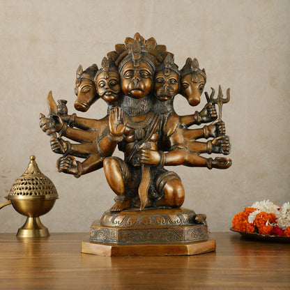 Large Pure Brass Panchmukhi Hanuman Statue – Copper Tone, 17 Inch