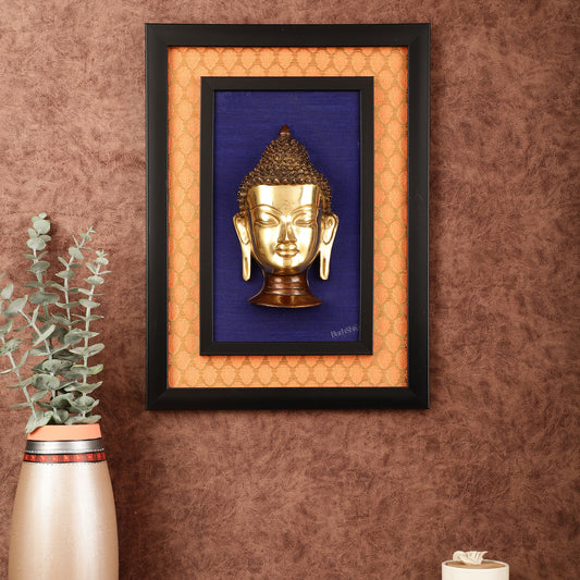 Brass Buddha Face Wall Hanging on Wooden Frame with Premium Fabric - 16.5" x 12"