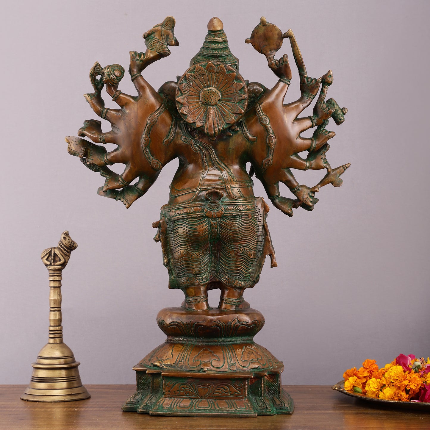 Vintage Brass Standing Ganesha Statue with Sixteen Arms - 19"