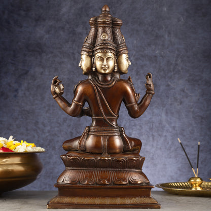 Pure Brass Seated Lord Brahma Sculpture - 16 inch antique Chola