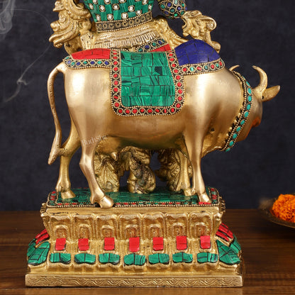 Handcrafted Brass Lord Krishna with Cow Statue - 17 Inch