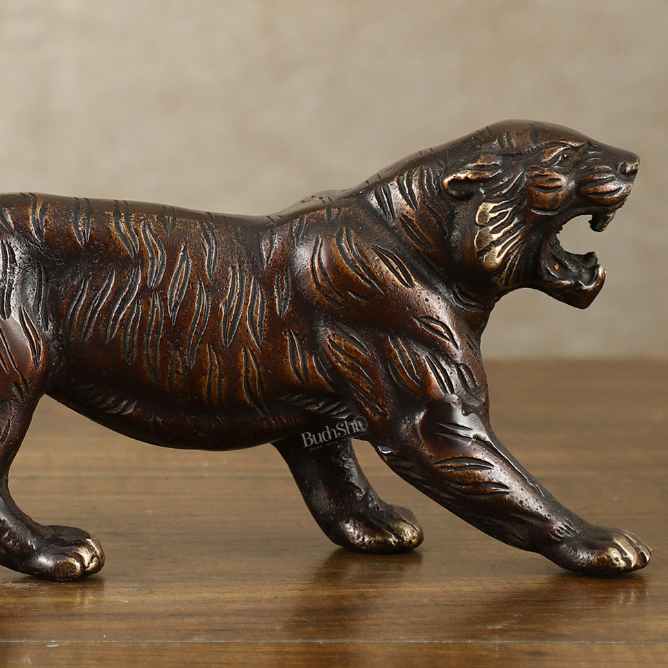 Pure Brass Vintage Brown Tiger Table Accent Showpiece – Vastu Feng Shui Approved | 9.5" Wide