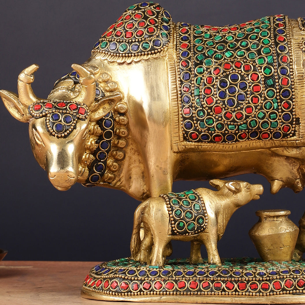 Handcrafted Brass Cow and Calf Statue | 8.5"