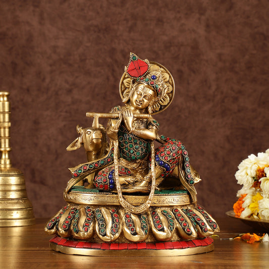 Lord krishna seated with cow brass idol with stonework 7.5 inch