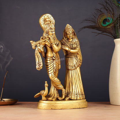 Pure Brass Radha Krishna with Peacock Idol - 11 inch