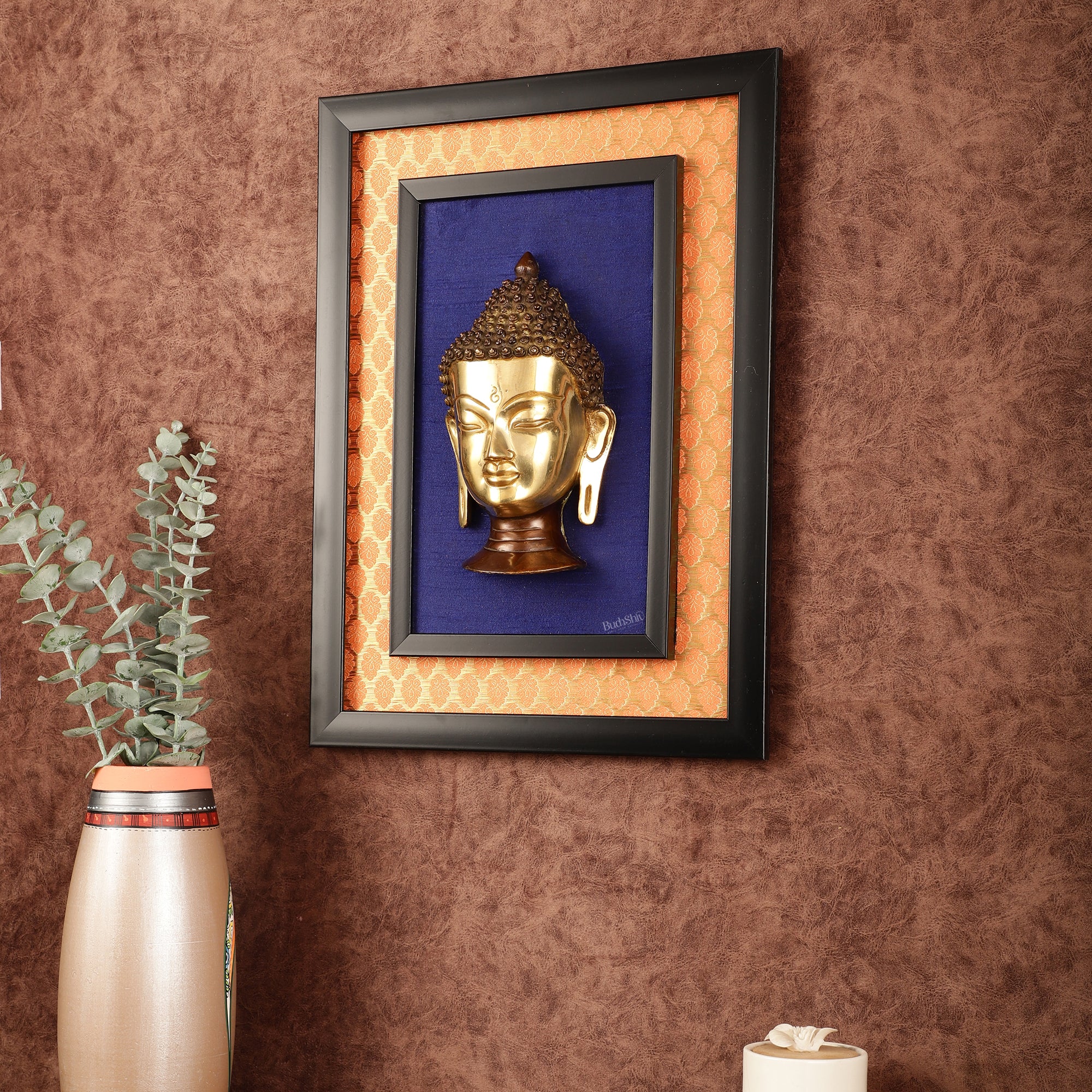 Wooden Wall Frame Brass Buddha top Mask