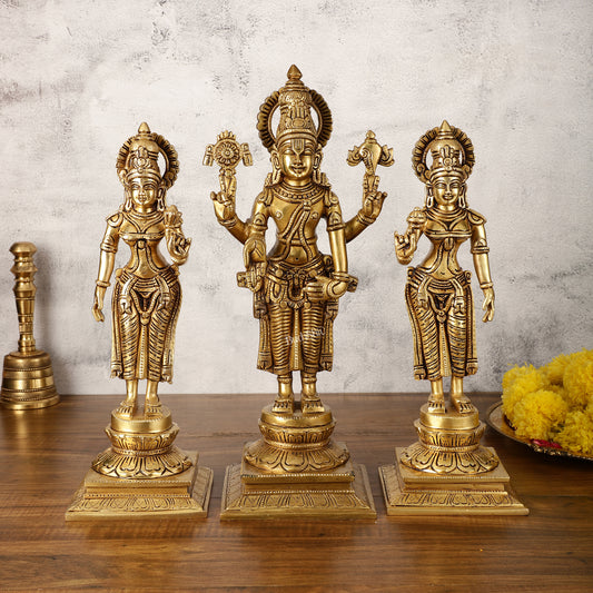 Pure Brass Tirupati Balaji with Bhudevi and Sridevi - Set of Three Idols 14 inch