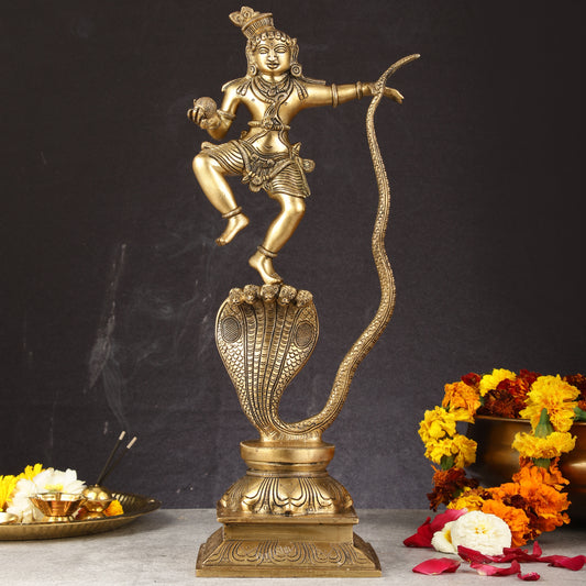 Brass Kalinga Krishna on Kaliya Naag Statue - 18" Height