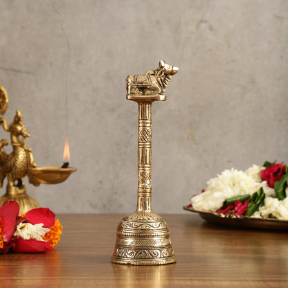 Pure Brass Hand Bell with Nandi - 7 in Height