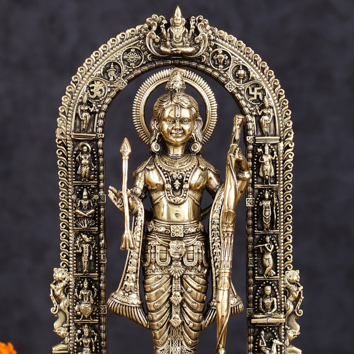 Brass Intricately Carved Ram Lalla Idol - Inspired by Ayodhya Temple, 8" Tall