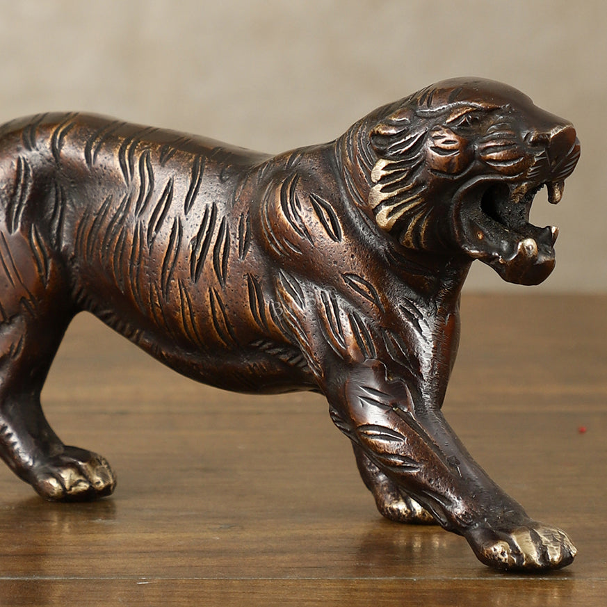 Pure Brass Vintage Brown Tiger Table Accent Showpiece – Vastu Feng Shui Approved | 9.5" Wide