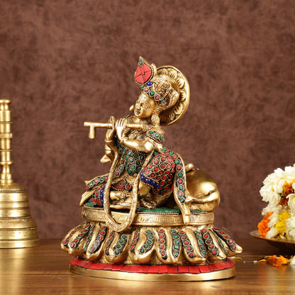 Lord krishna seated with cow brass idol with stonework 7.5 inch