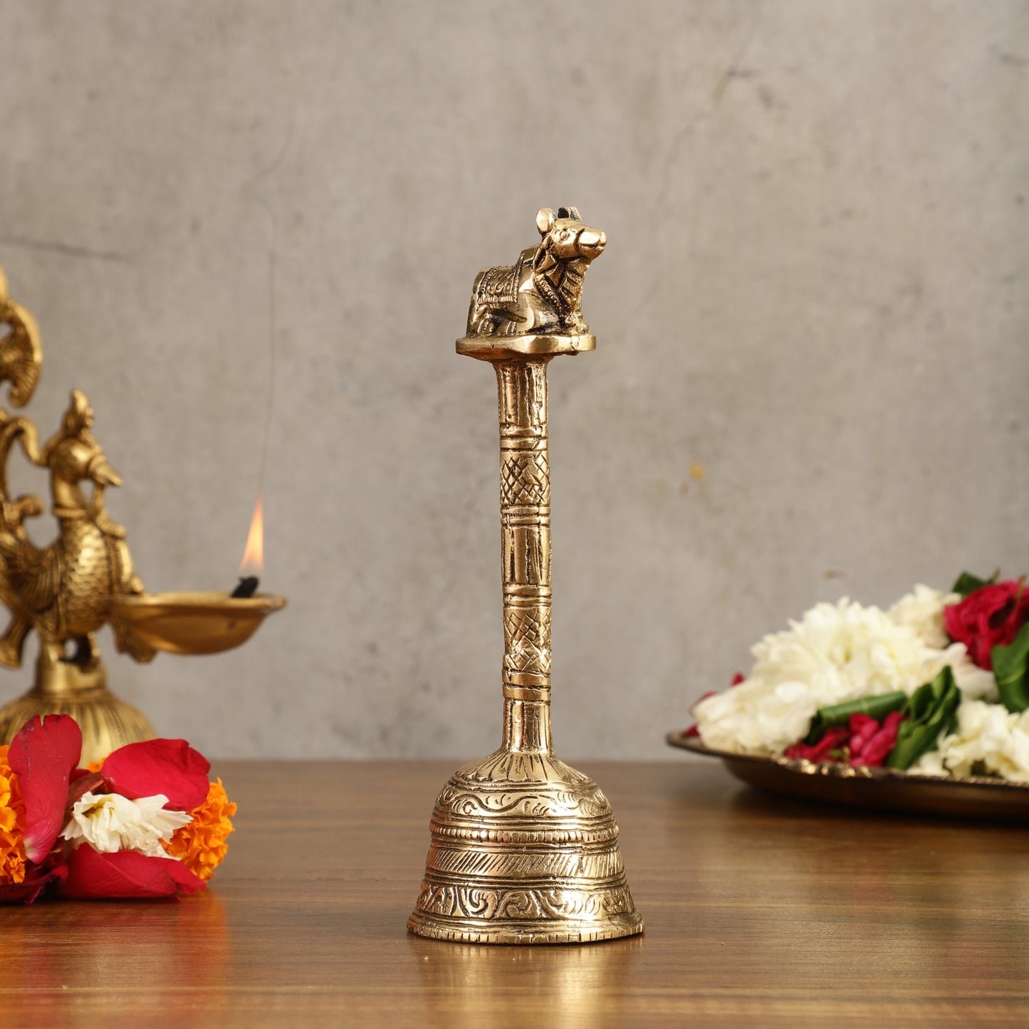 Pure Brass Hand Bell with Nandi - 7 in Height