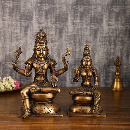 Brass Majestic Seated Lord Shiva and Parvati Idols | 11.5 Inch