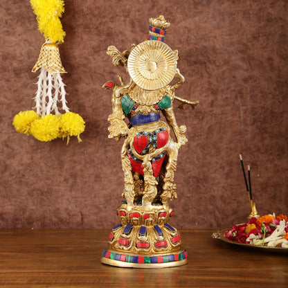 Intricately Crafted Brass Krishna Idol with Stonework - 15"