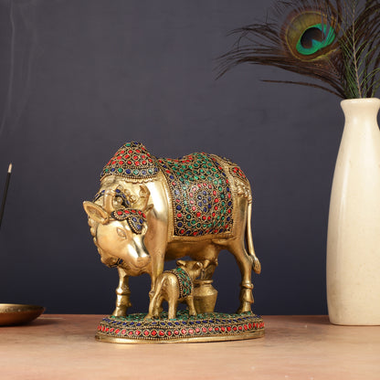 Handcrafted Brass Cow and Calf Statue | 8.5"