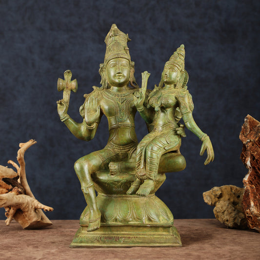 Vintage Brass Lord Shiva and Goddess Parvati Idol - 15" Height