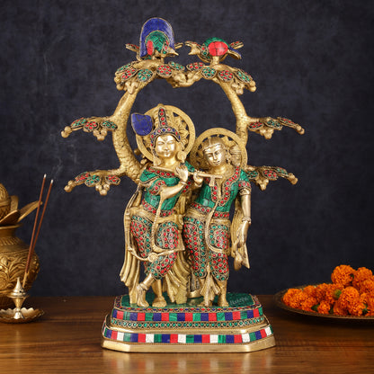 Pure Brass Radha Krishna Under Kadamba Tree Statue with Meenakari Stonework 16"