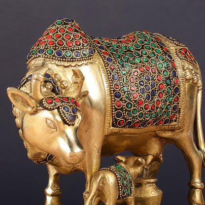 Handcrafted Brass Cow and Calf Statue | 8.5"