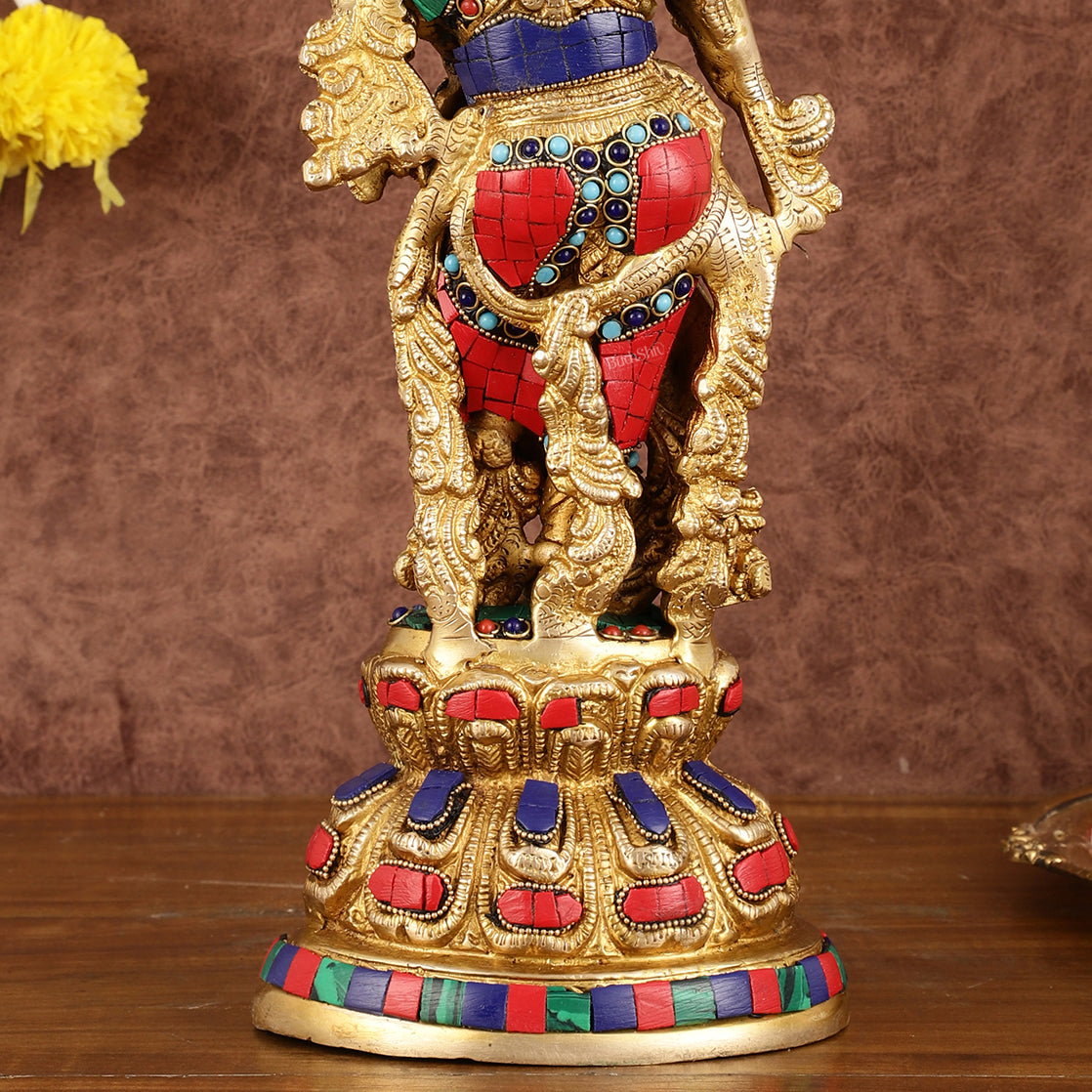 Intricately Crafted Brass Krishna Idol with Stonework - 15"