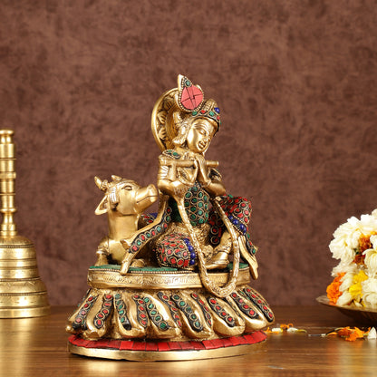 Lord krishna seated with cow brass idol with stonework 7.5 inch